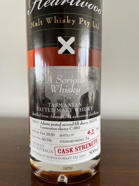 Heartwood A Serious Whisky ex-Adams and ex-Launceston Cask Strength Tasmanian Malt Whisky - Historic