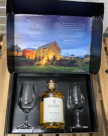 Nant Port Wood Single Cask with matching glasses in presentation case