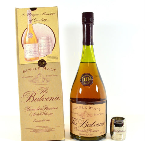 Balvenie Founder's Reserve 10 Year Old Cognac Bottle 1980s with matching spirit measure