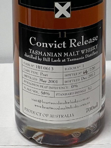 Heartwood Convict Release Batch No 1 11 Years Old Cask Strength Tasmanian Malt Whisky - Historic