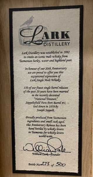 Lark Twentieth Anniversary Release Para Port Barrel #1 Small Cask Aged Tasmanian Malt Whisky