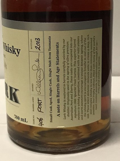 Lark Small Cask Aged Port Cask Matured 2013 Release Cask No 406 Tasmanian Single Malt Whisky - Historic