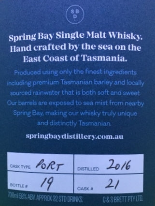 Spring Bay The Rheban Cask Strength Port Cask No 21 Matured Tasmanian Single Malt Whisky - Historic